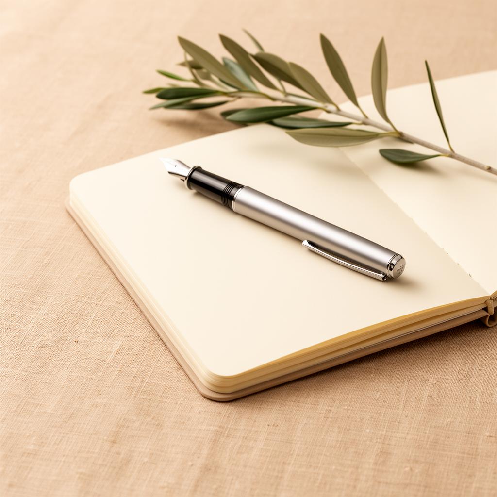 An open journal with a fountain pen and olive branch on warm linen